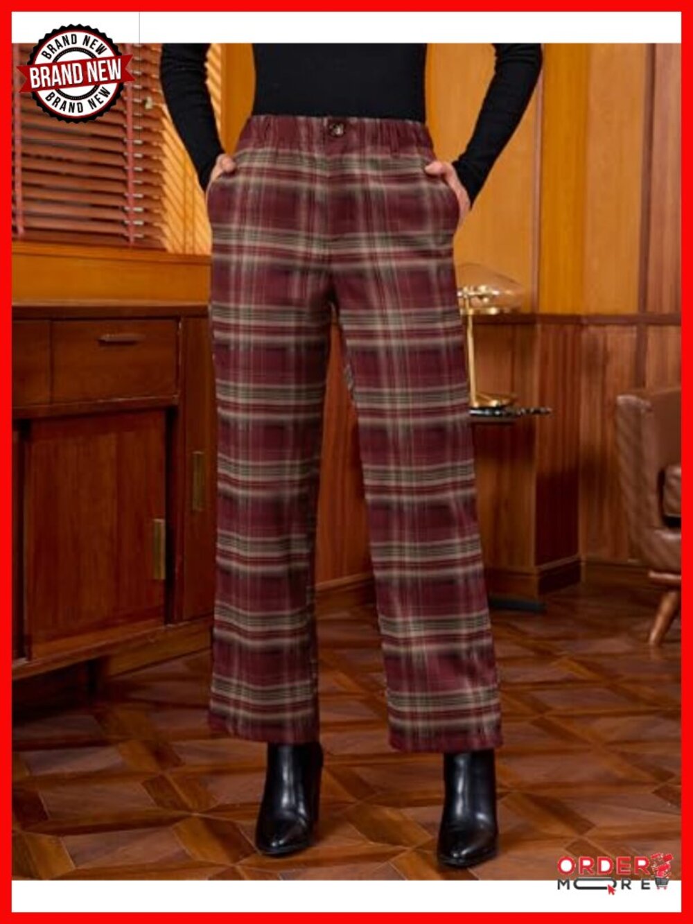 Wide Leg High Waisted Plaid Trousers Elastic Waist Work Pants with Pockets - Picture 2 of 6